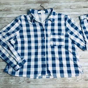 Eden & Olivia Womens XL Flannel Shirt Roll Tab Sleeve Button Up Blue White Plaid
